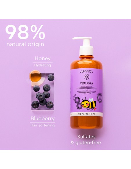 MINI BEES Champú Suave para Niños Arándano & Miel – 98% Natural.