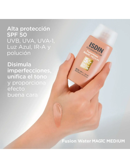 ISDIN Fusion Water MAGIC Medium SPF 50 – Protector Solar Facial con Color, Alta Protección y Acabado Sedoso