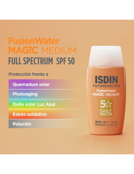 ISDIN Fusion Water MAGIC Medium SPF 50 – Protector Solar Facial con Color, Alta Protección y Acabado Sedoso