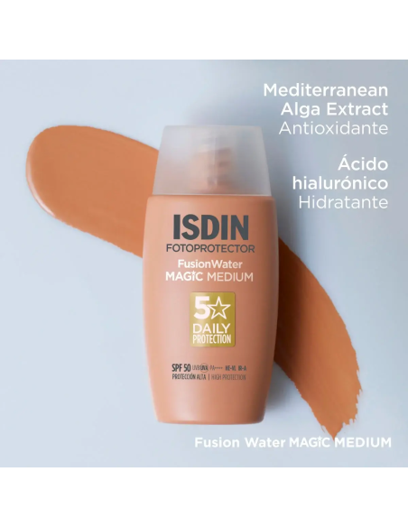 ISDIN Fusion Water MAGIC Medium SPF 50 – Protector Solar Facial con Color, Alta Protección y Acabado Sedoso