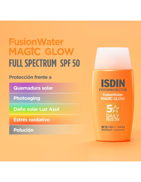 ISDIN Fusion Water Magic Glow SPF 50 – Protector Solar Facial Ultraligero con Efecto Glow
