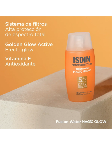 ISDIN Fusion Water Magic Glow SPF 50 – Protector Solar Facial Ultraligero con Efecto Glow