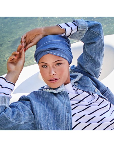 Turbante oncológico HocMary Denim Flair · Christine Headwear · Comodidad y estilo diario