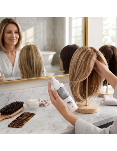 Protege y fija la fibra sintética con la laca específica Hair Spray de Ellen Wille.