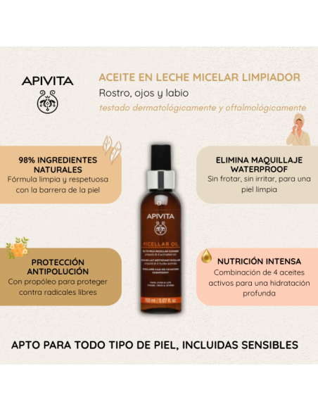 Apivita Aceite-en-leche Micelar Limpiador · Rostro, Ojos y Labios · 150ml.