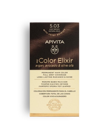 Apivita my color elixir 5.03m castaño Claro natural dorado. Tinte permanente para piel sensible, alta tolerancia