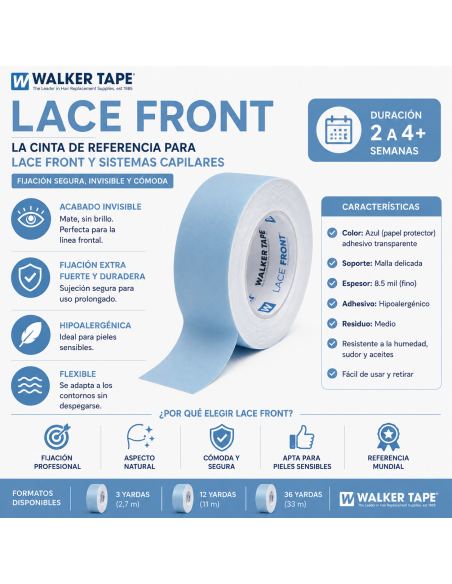 Walker Tape Lace Front 3/4" x 36 Y (19mm X 33m) | Cinta Adhesiva Hipoalergénica para Protesis Capilares