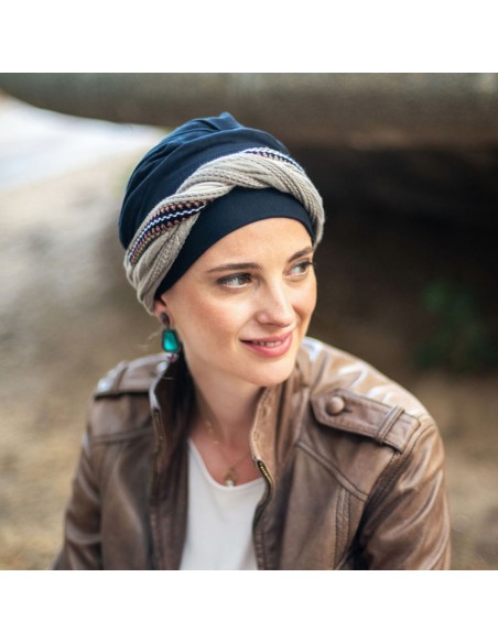 Turbante Oncológico Elegance Knit Blue en Tejido de Bambú · Carebell Headwear