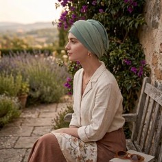 Turbante oncológico Elegance Verde Gold con sutiles topos dorados. 2