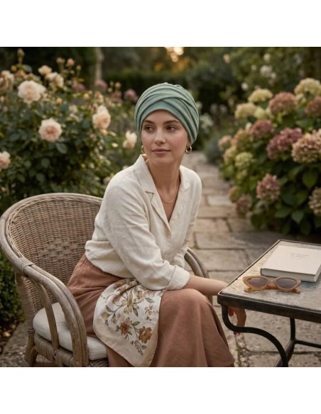 Turbante oncológico Elegance Verde Gold con sutiles topos dorados.