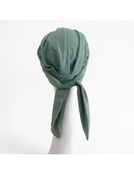 Pañuelo Oncológico Smooth Verde Gold con Cintas · Carebell Headwear