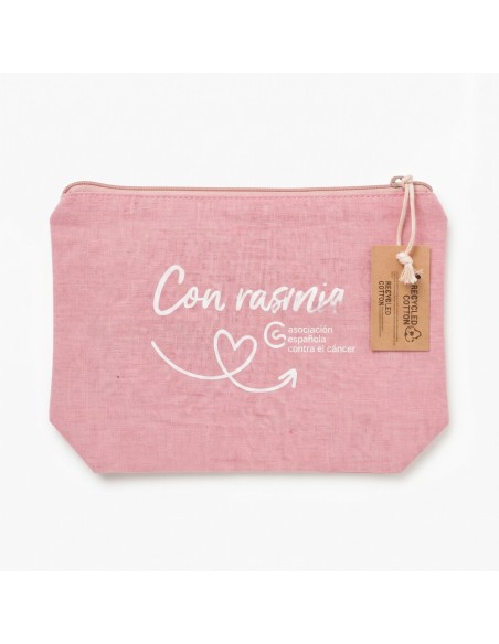 Neceser rosa solidario de la AECC con lema Con Rasmia de frente sobre fondo neutro