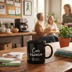 Taza solidaria negra con el lema Con Rasmia de la AECC sobre superficie neutra 2