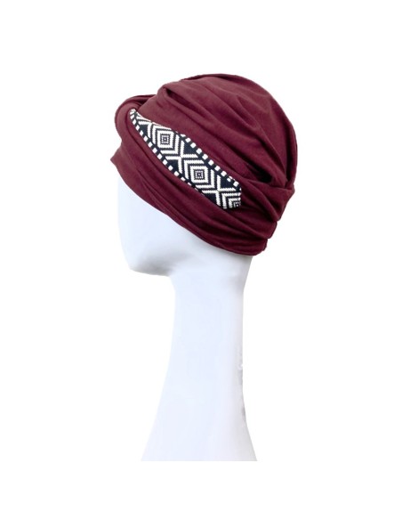 TURBANTE CONFORT IKAT BURDEOS - bambú y algodón - Carebell Headwear