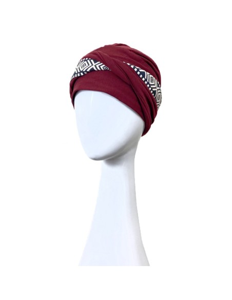 TURBANTE CONFORT IKAT BURDEOS - bambú y algodón - Carebell Headwear
