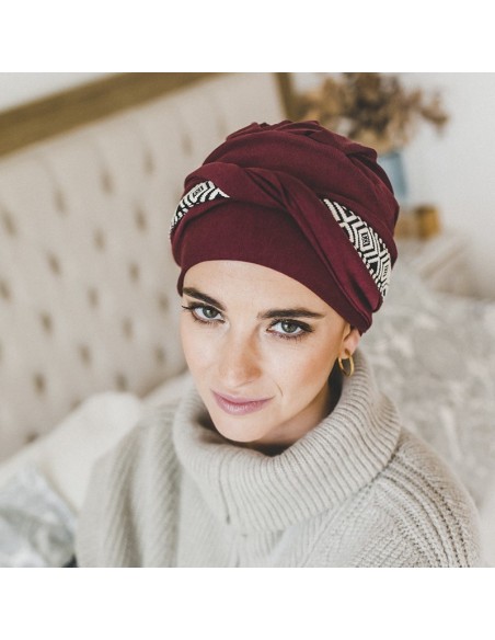 TURBANTE CONFORT IKAT BURDEOS - bambú y algodón - Carebell Headwear