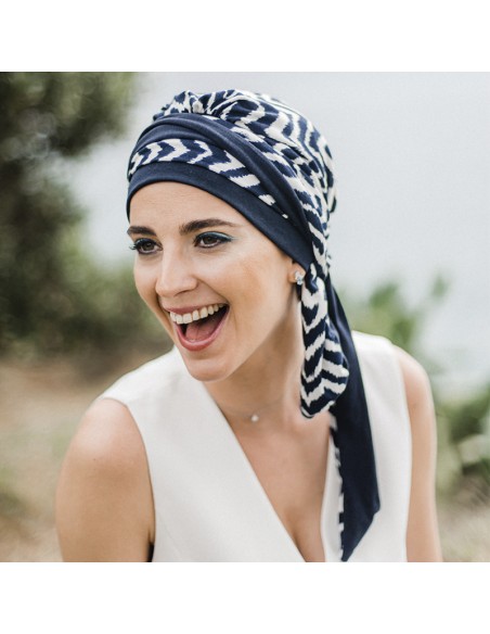 LUCIA ZIG ZAG BLUE - Pañuelo Cintas Largas Bambú - Carebell Headwear