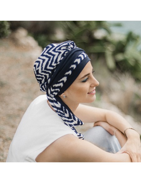 LUCIA ZIG ZAG BLUE - Pañuelo Cintas Largas Bambú - Carebell Headwear