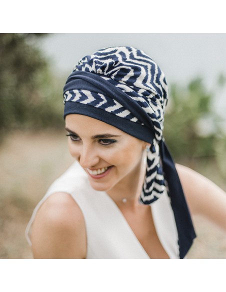 LUCIA ZIG ZAG BLUE - Pañuelo Cintas Largas Bambú - Carebell Headwear