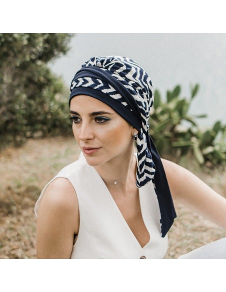 LUCIA ZIG ZAG BLUE - Pañuelo Cintas Largas Bambú - Carebell Headwear