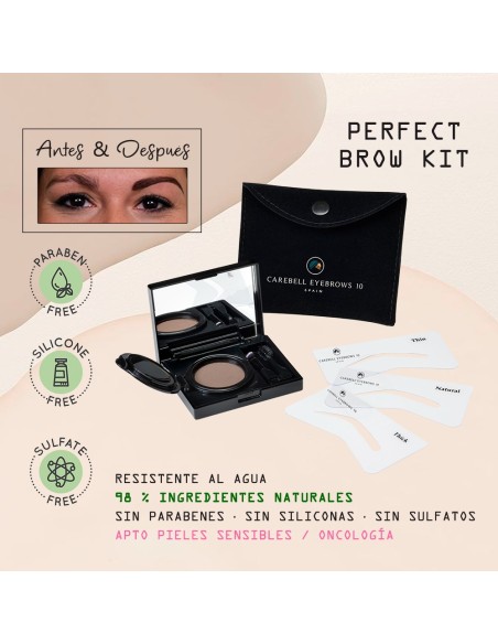 Estuche completo de maquillaje de cejas Eyebrows 10 Carebell con espejo, pincel y polvos semipermanentes.