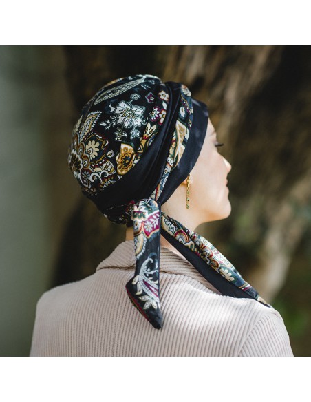 LUCIA BLACK CACHEMIRA - Pañuelo Cintas Largas Algodón - CAREBELL HEADWEAR