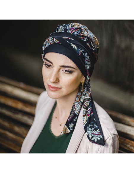 LUCIA BLACK CACHEMIRA - Pañuelo Cintas Largas Algodón - CAREBELL HEADWEAR