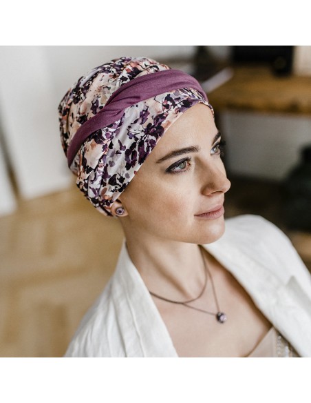 CONFORT MALVA FLORES - Turbante de Algodón - CAREBELL HEADWEAR